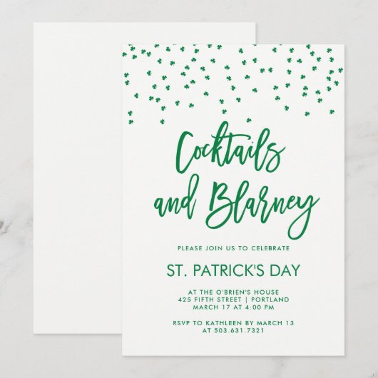 Cocktails en Blarney | Modern groen en wit Kaart (Voorkant / Achterkant)