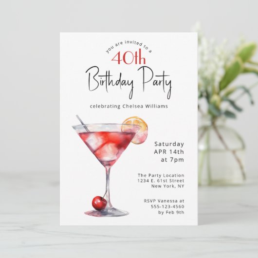 Cocktails en Fun 40th Birthday Party Kaart (Staand voorkant)