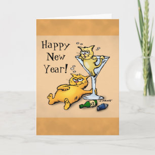 Cocktails en Kittens Happy New Year Cartoon Kaart