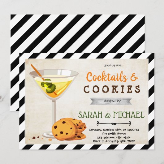 Cocktails en koekjes, partijuitnodiging kaart (Voorkant / Achterkant)