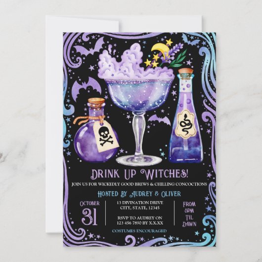 Cocktails en kostuums heks Halloween Party Kaart (Voorkant)