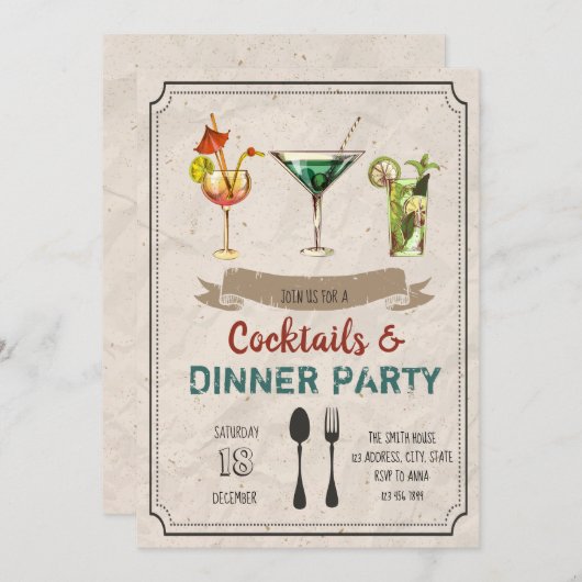 Cocktails en uitnodiging voor een diner (Voorkant / Achterkant)