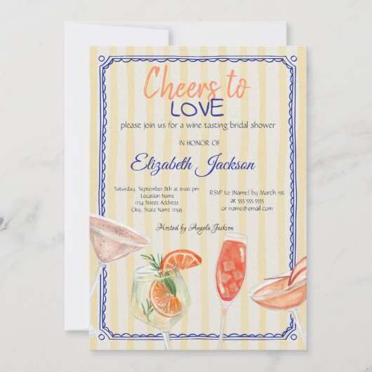 Cocktails geel gestreept Vrijgezellenfeest Kaart (Voorkant)