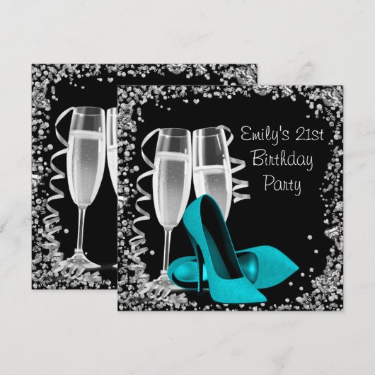 Cocktails High Heels Black en Blauwgroen Birthday Kaart (Voorkant / Achterkant)