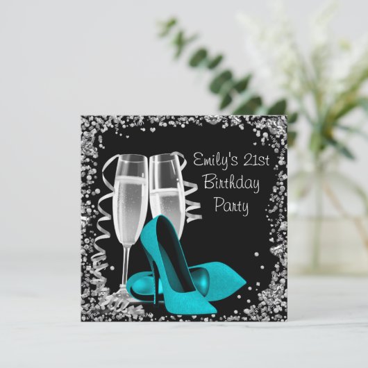 Cocktails High Heels Black en Blauwgroen Birthday Kaart (Staand voorkant)