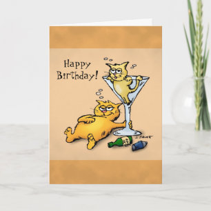 Cocktails & Kittens Cartoon Birthday-kaart Kaart