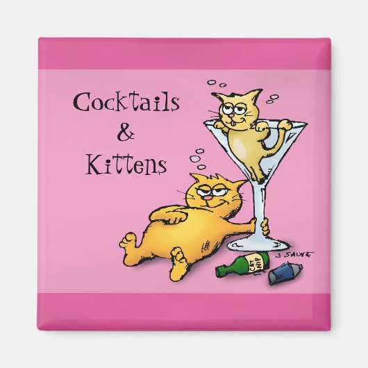 Cocktails & Kittens Roze Cartoon Magnet (Voorkant)