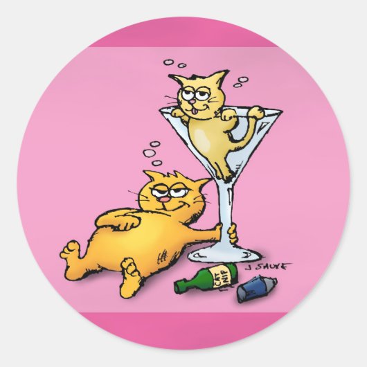 Cocktails & Kittens Roze Cartoon Sticker (Voorkant)