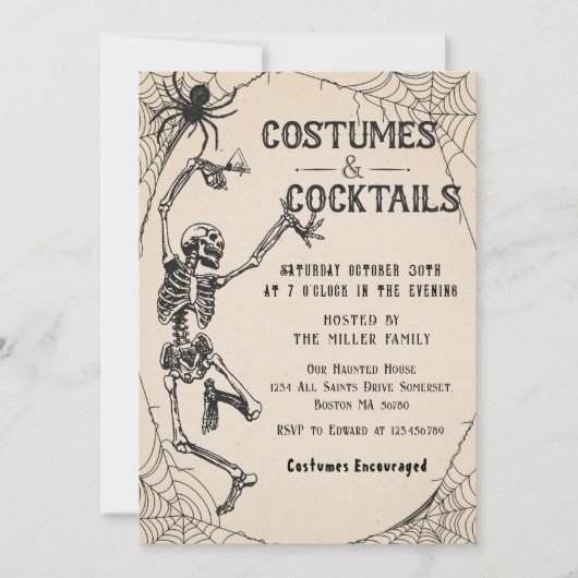 Cocktails & Kostuums Skelet Halloween Feest Kaart (Voorkant)