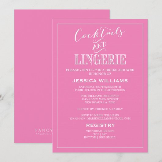 Cocktails & Lingerie Shower-uitnodigingen | Roze Kaart (Voorkant / Achterkant)