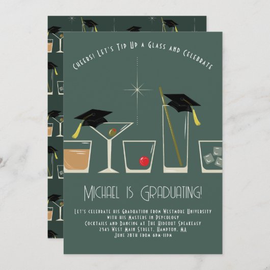 Cocktails Martini Bar Graduation Party Invitation Kaart (Voorkant / Achterkant)