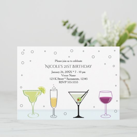 Cocktails Meisjes 21e verjaardag Uitnodigingen (Staand voorkant)