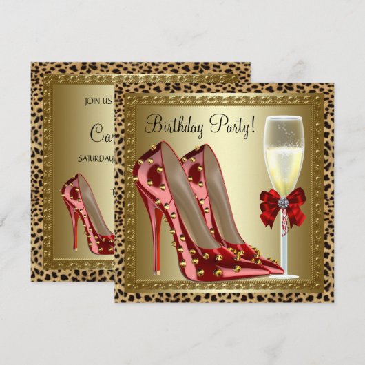 Cocktails Rode Hoge Hakken Luipaard Verjaardag Kaart (Voorkant / Achterkant)