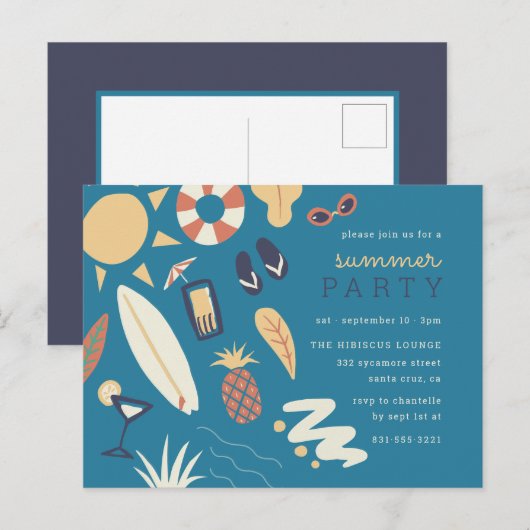Cocktails, Surf en zon | Cute Summer Birthday Part Uitnodiging Briefkaart (Voorkant / Achterkant)
