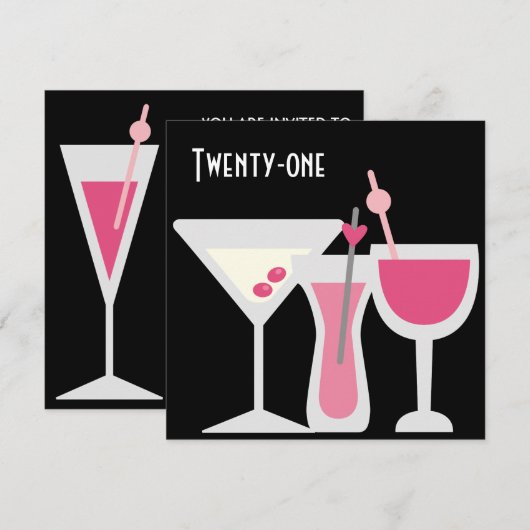 Cocktails Vrouwen Roze Zwart 21ste Verjaardagsfees Kaart (Voorkant / Achterkant)