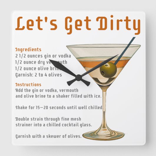 Cocktailuur Laten we de Dirty Martini-recept krijg Vierkante Klok (Voorkant)