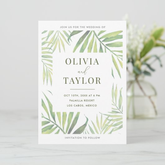 COCO Waterverf Palm Leaf bruiloft uitnodiging (Staand voorkant)