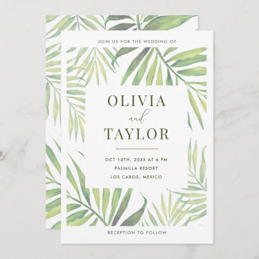 COCO Waterverf Palm Leaf bruiloft uitnodiging (Voorkant / Achterkant)