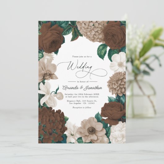 Cocoa Bean, Mushroom Taupe & Vanilla Cream Wedding Kaart (Staand voorkant)