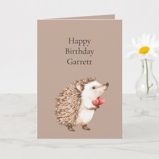 Cocoa Brown Cream Red Hearts Hedgehog Birthday Kaart (Kleine Plant)