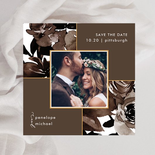 Cocoa Brown Floral Foto Weddenschap Save the Date