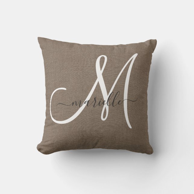 Cocoa Brown Linen Monogram Sierkussen (Voorkant)