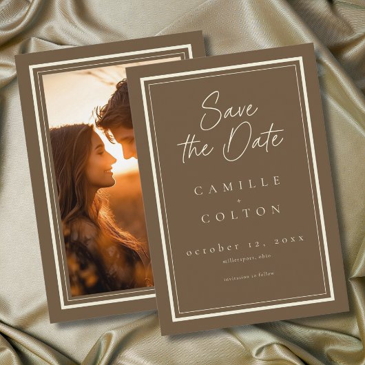Cocoa Brown Minimalistische Frame Trouwfoto Save The Date