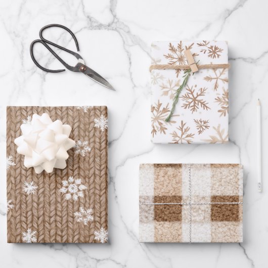 Cocoa Cream Snowflakes Plaid Stripes Christmas Inpakpapier Vel (Voorkant)