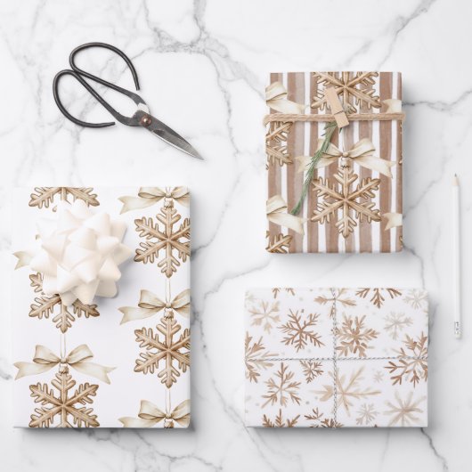 Cocoa Cream Snowflakes Stripes Christmas  Inpakpapier Vel (Voorkant)