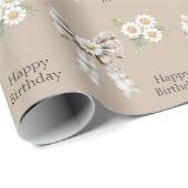 Cocoa Cream White Bow Daisy Flower Birthday Cadeaupapier (Rol Hoek)