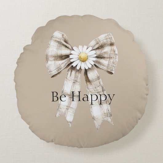 Cocoa Cream White Bow Daisy Flower Happy Rond Kussen (Voorkant)