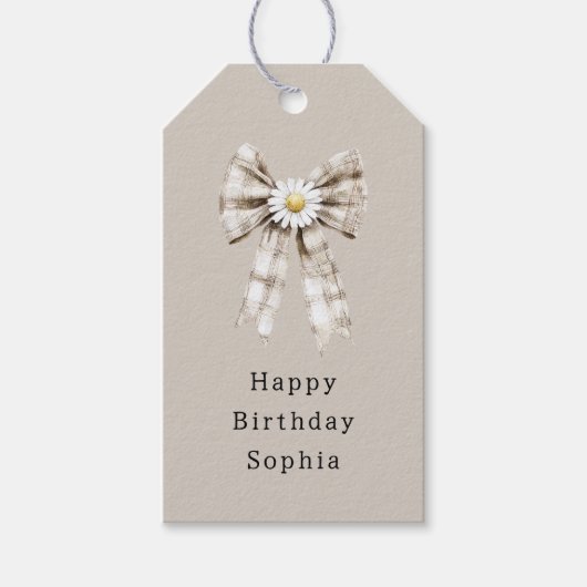 Cocoa Cream White Bow Daisy Flowers Birthday   Cadeaulabel (Voorkant)