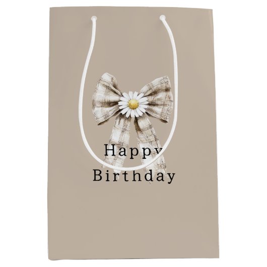 Cocoa Cream White Bow Daisy Flowers Birthday   Medium Cadeauzakje (Voorkant)