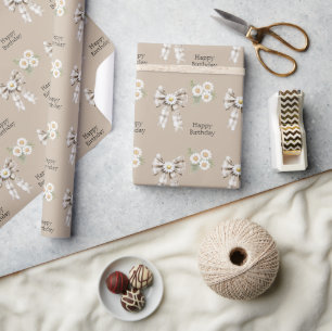 Cocoa Cream Witte Boog Madeliefje Bloem Verjaardag Cadeaupapier