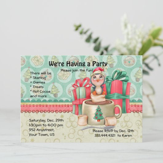 Cocoa Penguin Winter Fun Party Kaart (Staand voorkant)
