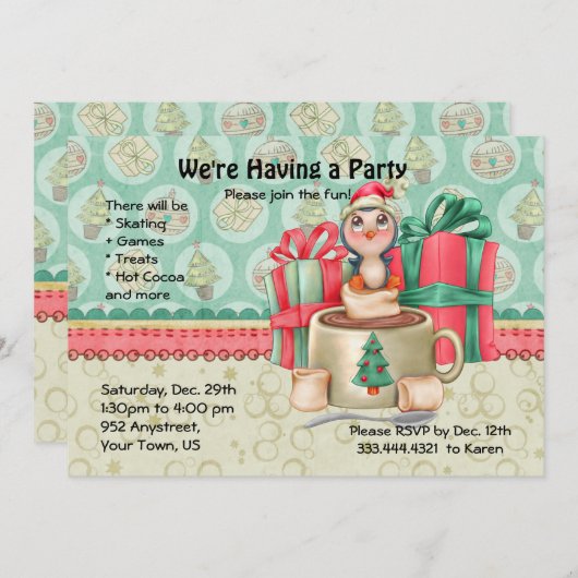 Cocoa Penguin Winter Fun Party Kaart (Voorkant / Achterkant)
