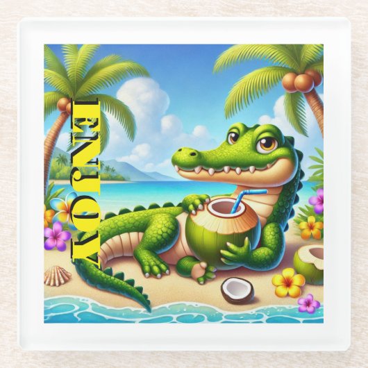 COCODRILLO MET KOKOSWATER GLAZEN ONDERZETTER (Voorkant)