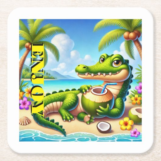 COCODRILLO MET KOKOSWATER KARTONNEN ONDERZETTERS (Voorkant)