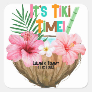 Coconut Cocktail Tropische Tiki Koppel Bruiloft Vierkante Sticker