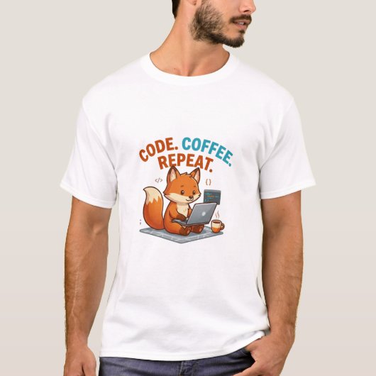 Code Coffee Repeat T-Shirt | Schattige Vos Progra (Voorkant)