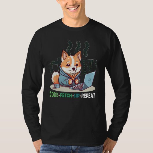 Code Fetch Sip Repeat Coffee Binary Shiba Inu Prog T-shirt (Voorkant)