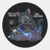 Code Whisperer Developer Cat Round Black Stickers (Voorkant)