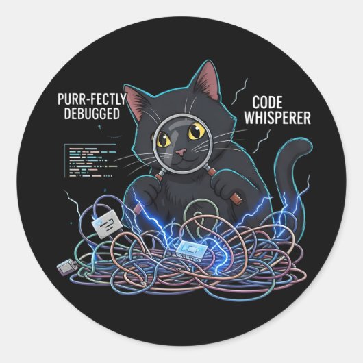 Code Whisperer Developer Cat Round Black Stickers (Voorkant)