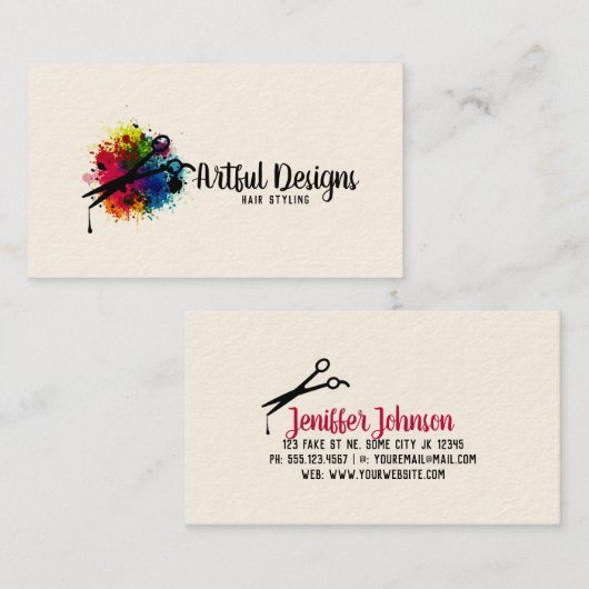 codenummer van de haarstylist, kleurrijke verfspat visitekaartje (Voorkant / Achterkant)