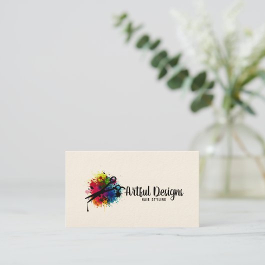 codenummer van de haarstylist, kleurrijke verfspat visitekaartje (Staand voorkant)
