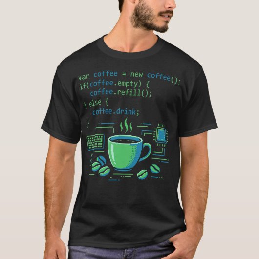 Coderende koffiedrinkprogramma softwareontwikkelaa t-shirt (Voorkant)