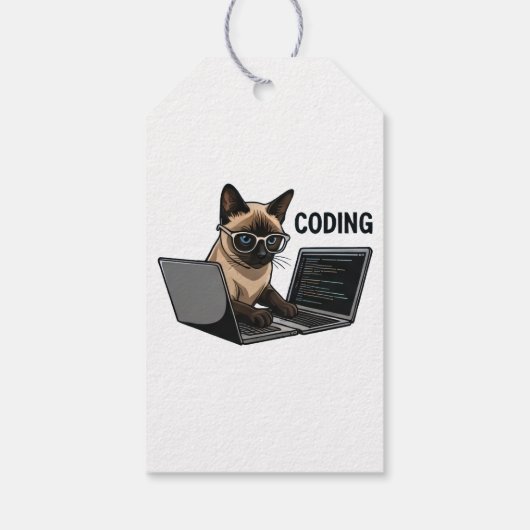 Coderende Siamese Kat Cartoon Cadeaulabel (Achterkant)