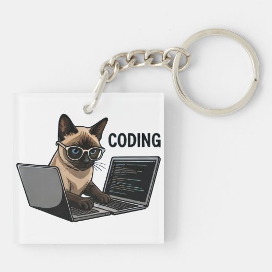 Coderende Siamese Kat Cartoon Sleutelhanger (Achterkant)
