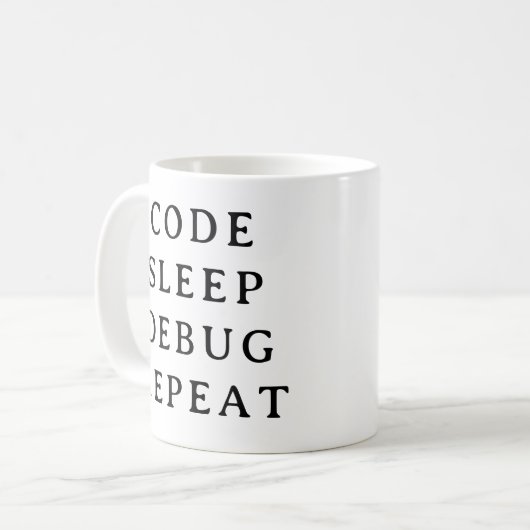 Codering Gift Mok – Code Slaap Debug Herhaal Mok (Voorkant links)