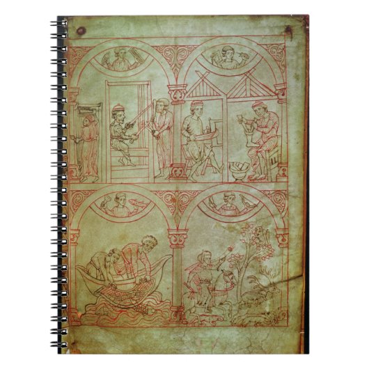 Codex 507 fol.2r Weaver, Shoemaker, Fishermen en Notitieboek (Voorkant)